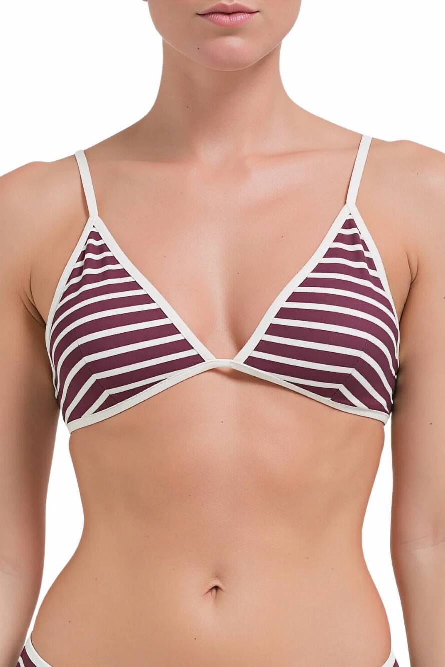 NEW BRUNELLO CUCINELLI women's striped triangle bikini tops in burgundy and whit